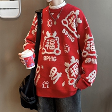 潮男新款龙图案新年红色圆领毛衣休闲针织衫上衣MY05674-P58，男装针织衫/毛衣，星座308B-1