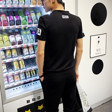 青春流行夏季常规圆领几何图案套装薄款运动修身型青年套头，男装套装，星座1506-1
