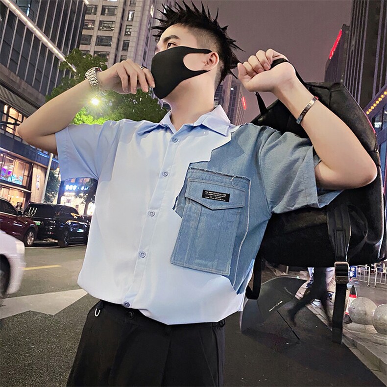 S81/P48控68 夏季社会小伙设计感拼接牛仔短袖衬衫男浅蓝首1图片