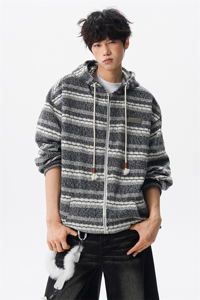 8XL-M潮情侣美式磨毛编织条纹针织衫卫衣宽松拉链外套WY30P88,男装针织衫/毛衣,电商D206-1