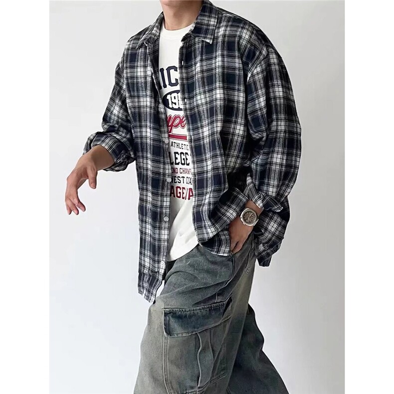 1506/QCS3090/P37新款藏青色格子衬衫男女美式复古衬衣外套,男装衬衫,星座1506