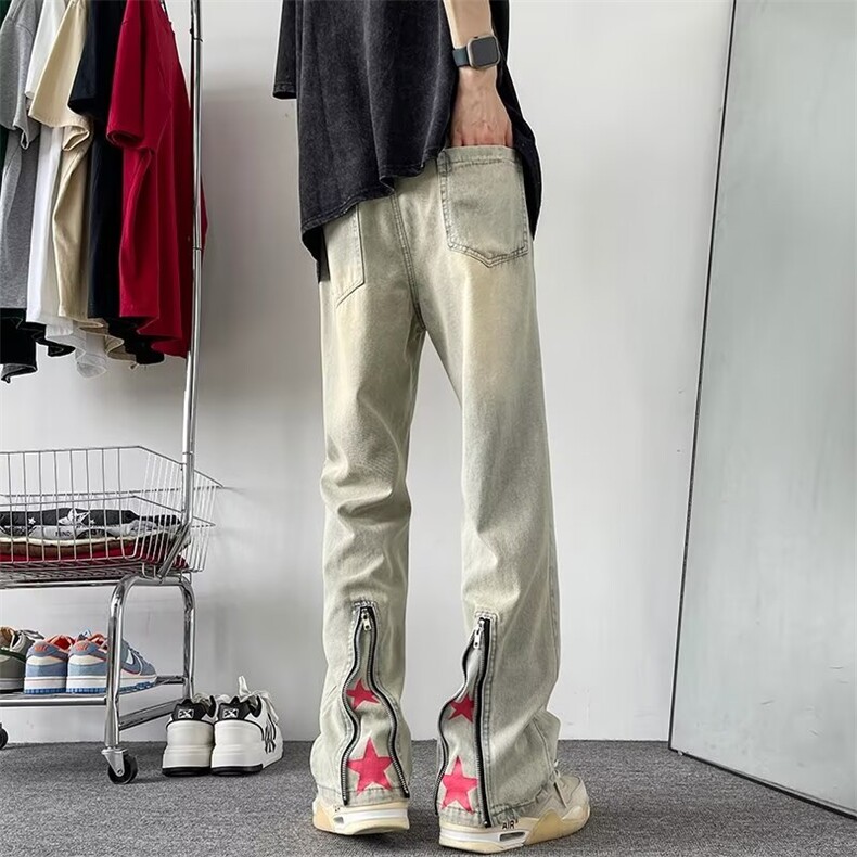 水洗黄泥牛仔裤男宽松直筒拉链微喇裤子美式vibe微喇裤10700-p45，男装牛仔裤，星座1008-2