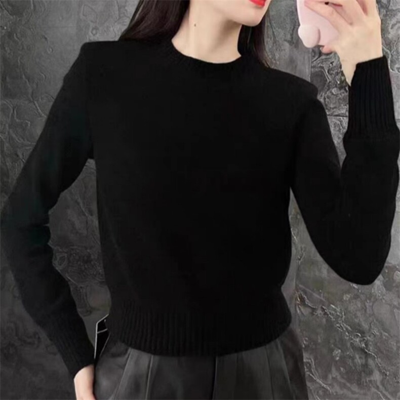 时尚百搭黑色短款圆领女士羊毛衫羊毛显瘦修身毛衣,女装羊毛衫,旭驰羊绒