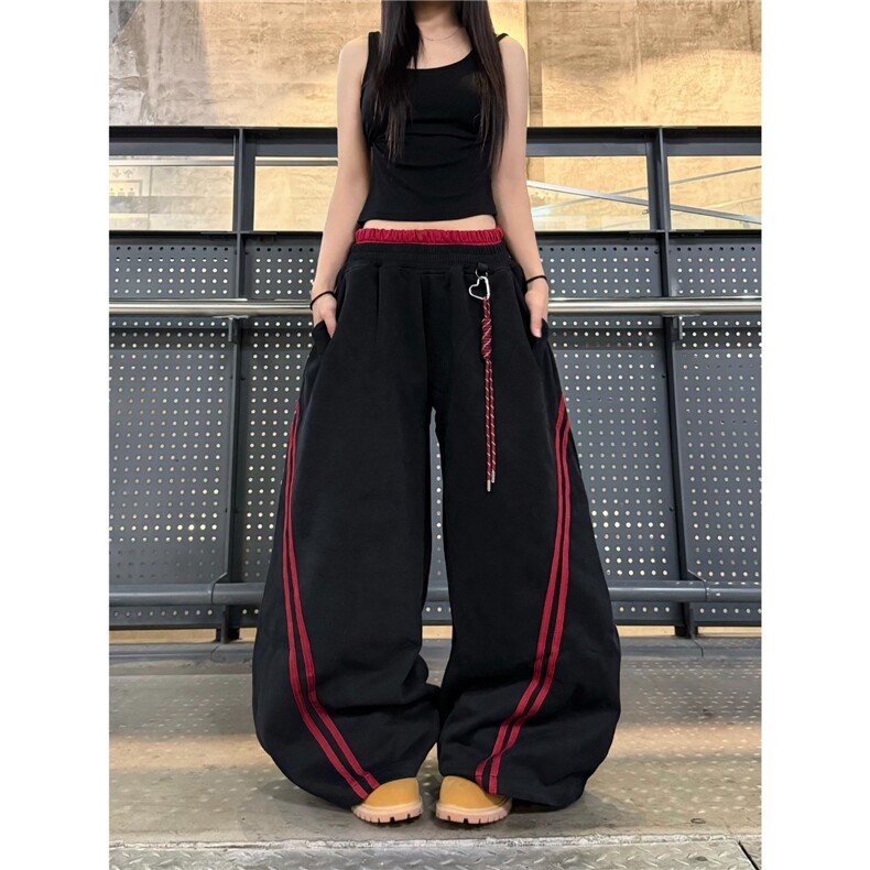 美式双腰头挂件弯刀卫裤男女杠条拼接宽松拖地阔腿裤潮CB3161,男装休闲裤,星座516A