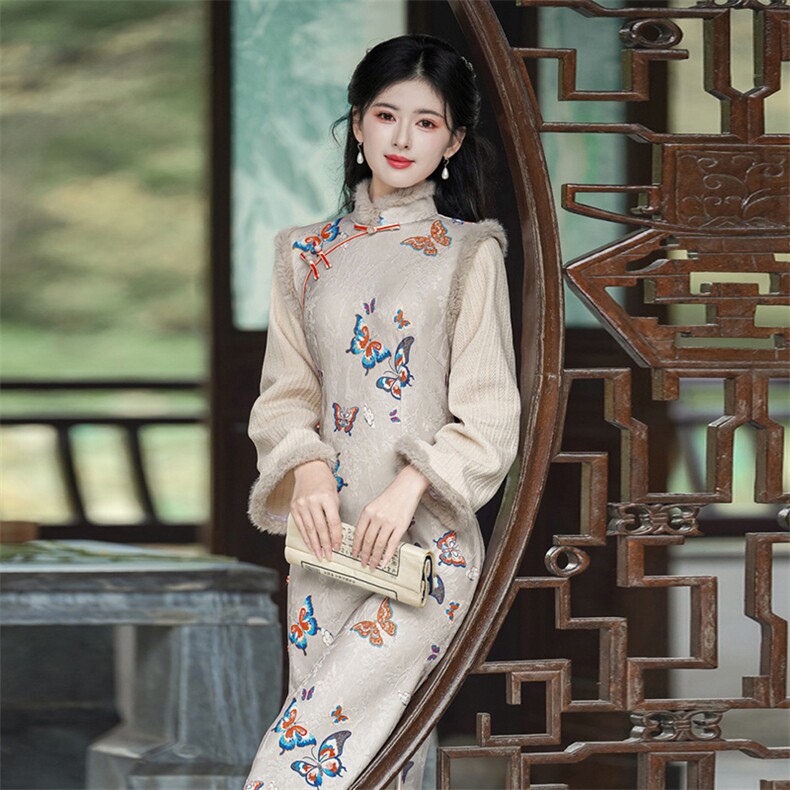 新中式风立领玉兔提花微喇袖口加绒旗袍2654P155,女装汉服/婚纱/旗袍/礼服,乐衣轩