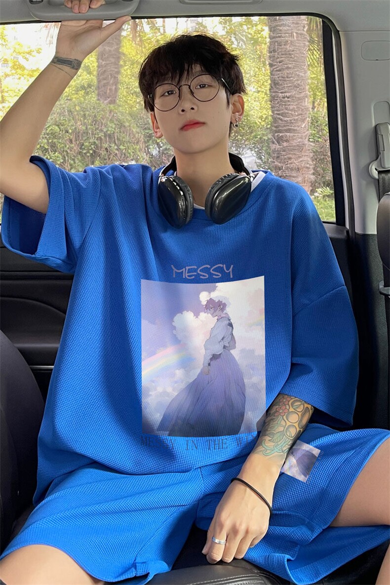 ！2025夏季华夫格短袖套装学生百搭一套衣服HTZ90P50,男装T恤,电商B220