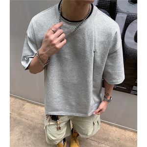曼巴棉拼接撞色破缝解构铆钉设计感夏季短袖T恤男D424 特P30图片