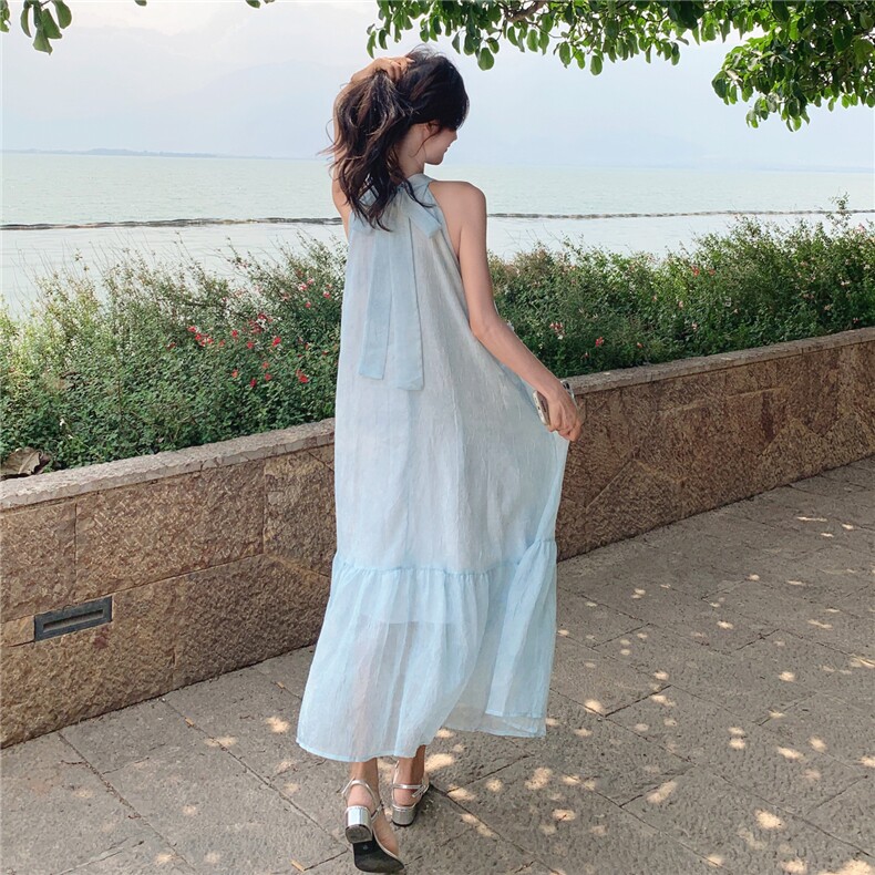 超好看蓝色立体碎花挂脖吊带连衣裙女夏2025新款独特漂亮绝美长裙,女装连衣裙,2C273