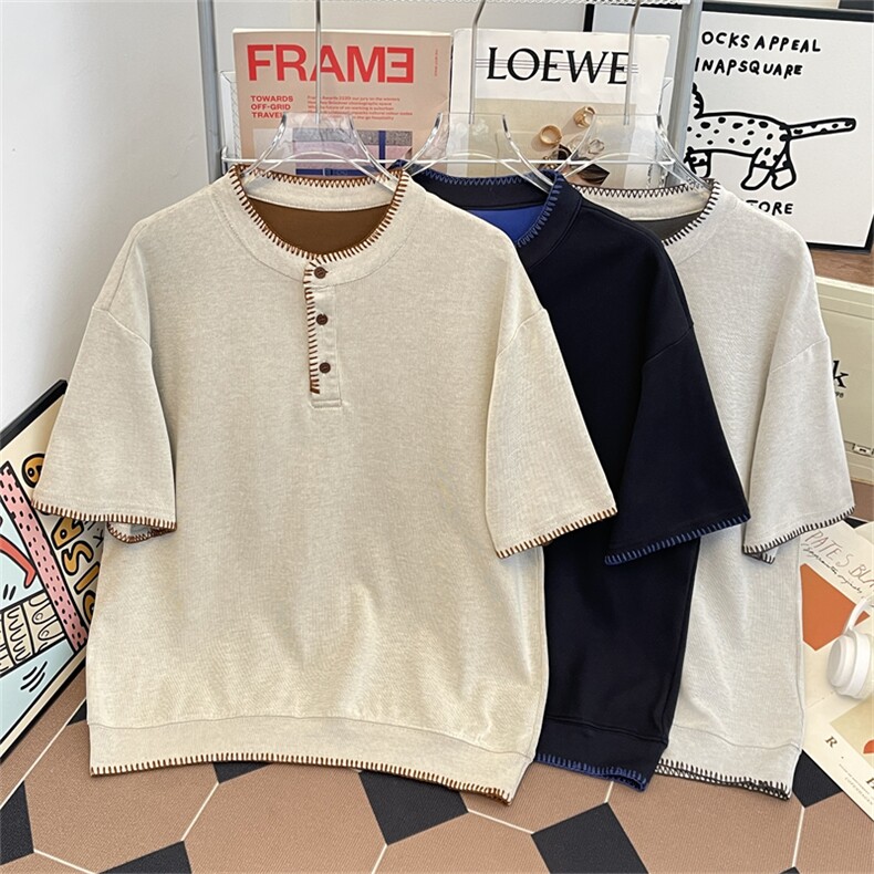得物品质夏款男T恤明线POLO领短袖拼色宽松T恤T84 P50图片