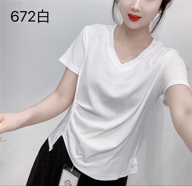 2025时尚简约百搭短袖侧收腰,女装T恤,思沃羊绒