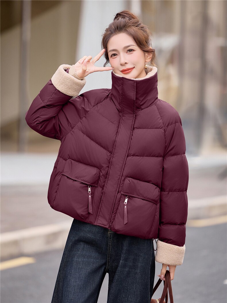 羊羔毛拼接短款白鸭绒羽绒服女2025冬新款加厚保暖,女装羽绒服,余墨