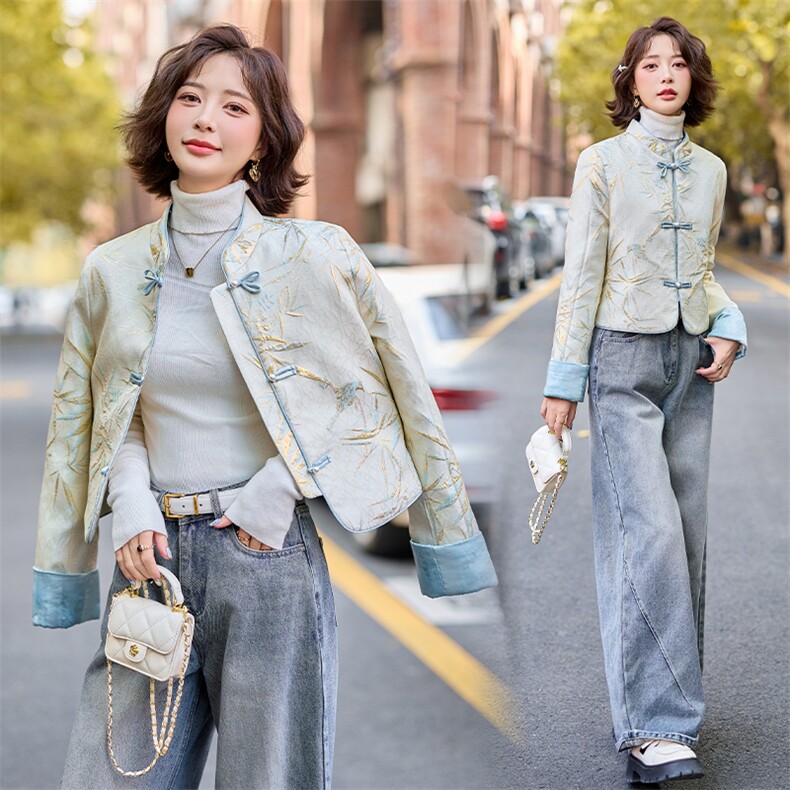 新中式轻薄羽绒服女短款2025年新款春白鸭绒时尚唐装提花外套,女装短外套,水衣源