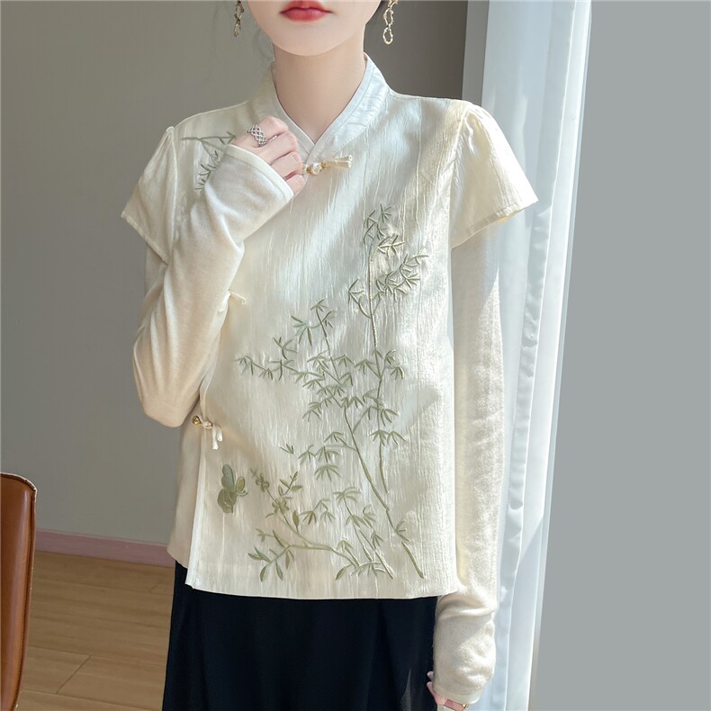新中式国风缎面真丝短袖马甲女盘扣立领刺绣竹子衬衫气质坎肩上衣，女装针织衫/毛衣，圣丽羊绒