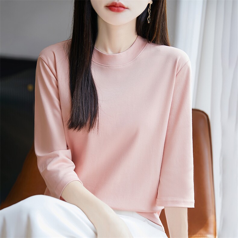 时尚半高领七分袖纯棉T恤女夏季新款修身显瘦百搭上衣图片