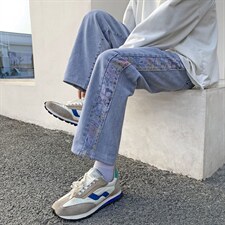 牛仔裤男宽松拼色日系港风高街裤子潮牌百搭坠感直筒裤G3015-P40，男装牛仔裤，星座1008-1