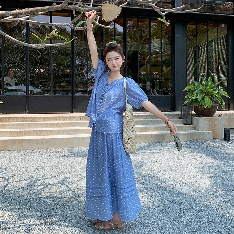 盐甜系度假风波点套装裙女2025夏新款短袖衬衫半身裙小个子两件套,女装套装/套裙,浙宝305