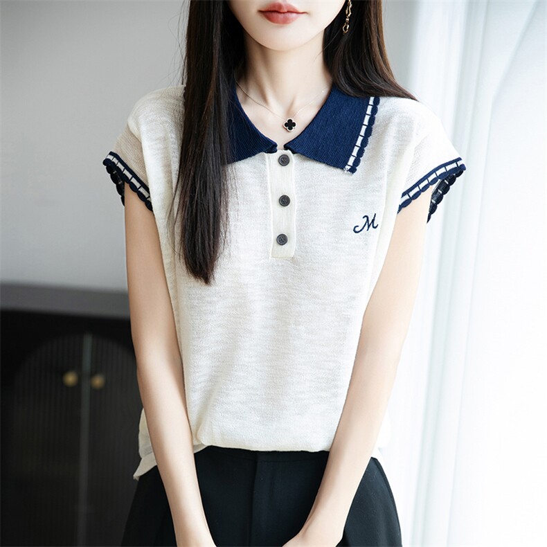 撞色翻领冰麻针织小飞袖T恤女2025夏薄Polo领上衣显瘦短袖t恤衫潮,女装T恤,菲奥羊绒