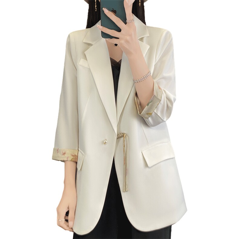 2024新中式复古国风西装外套女春夏季拼接上衣显瘦小个子盘扣西服,女装西装,朝贺羊绒