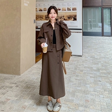 美拉德穿搭咖色套装女春秋超火好看高级小众大方得体半身裙两件套，女装套装/套裙，2C095