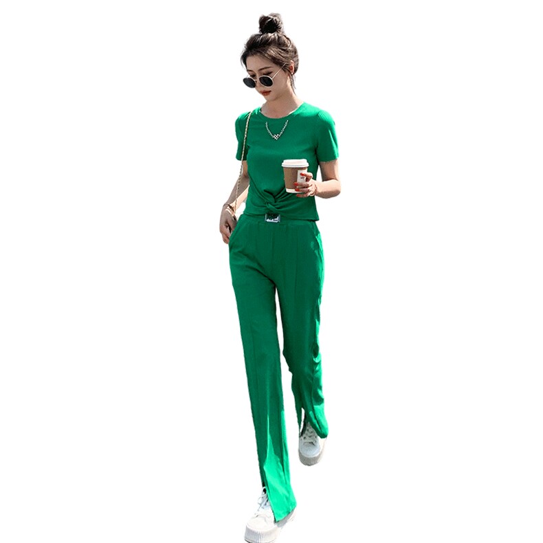 现货-休闲时尚套装女2024夏季新款设计感小众绿色成套搭配两件套,女装套装/套裙,天丽