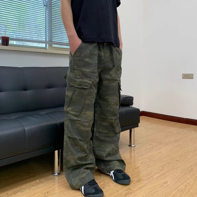 男女户外迷彩朦胧感扎染多口袋直筒休闲裤痞帅层次褶皱伞兵工装裤图片