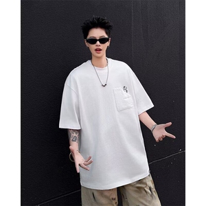 C507P33 ins美式青少年重磅印花T恤男夏季宽松口袋潮牌短袖上衣服图片