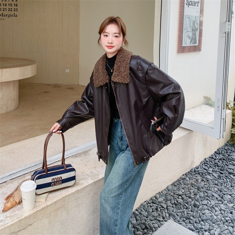 黑色短款PU皮衣外套女秋季美式痞帅机车夹克oversize翻领棒球服,女装皮衣,2C217