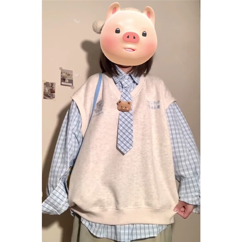 软妹可爱小熊polo领卫衣男女春秋季宽松学院风衬衫拼接假两件外套,男装衬衫,星座601-1
