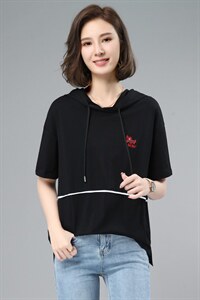 【货源稳定常年不下架】2026夏装新款刺绣连帽短袖T恤女纯色B617图片