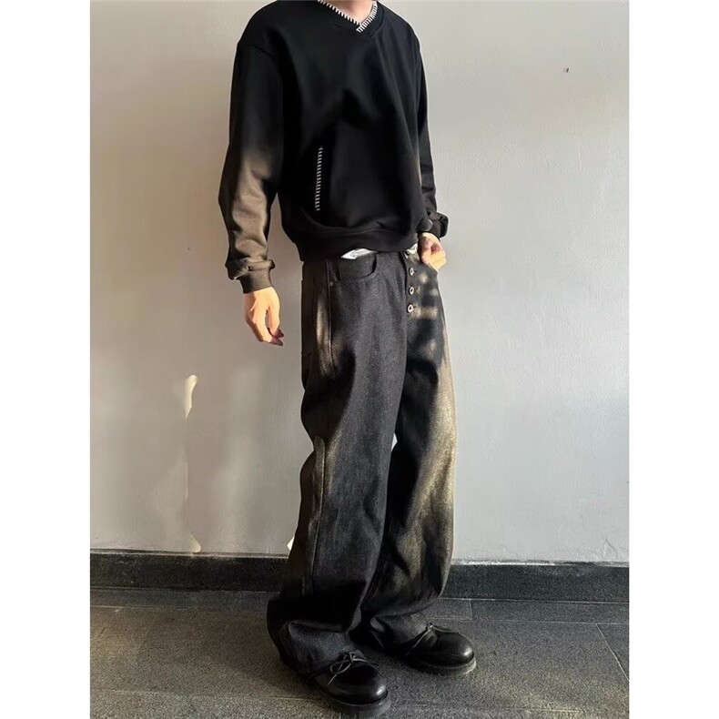 男复古水洗宽松门襟排扣裤子秋季新款直筒阔腿牛仔裤N3152-P47,男装牛仔裤,星座208-5