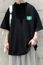 LD54264-P45连帽短袖t恤男大码胖子带帽五分袖中袖大皂风
