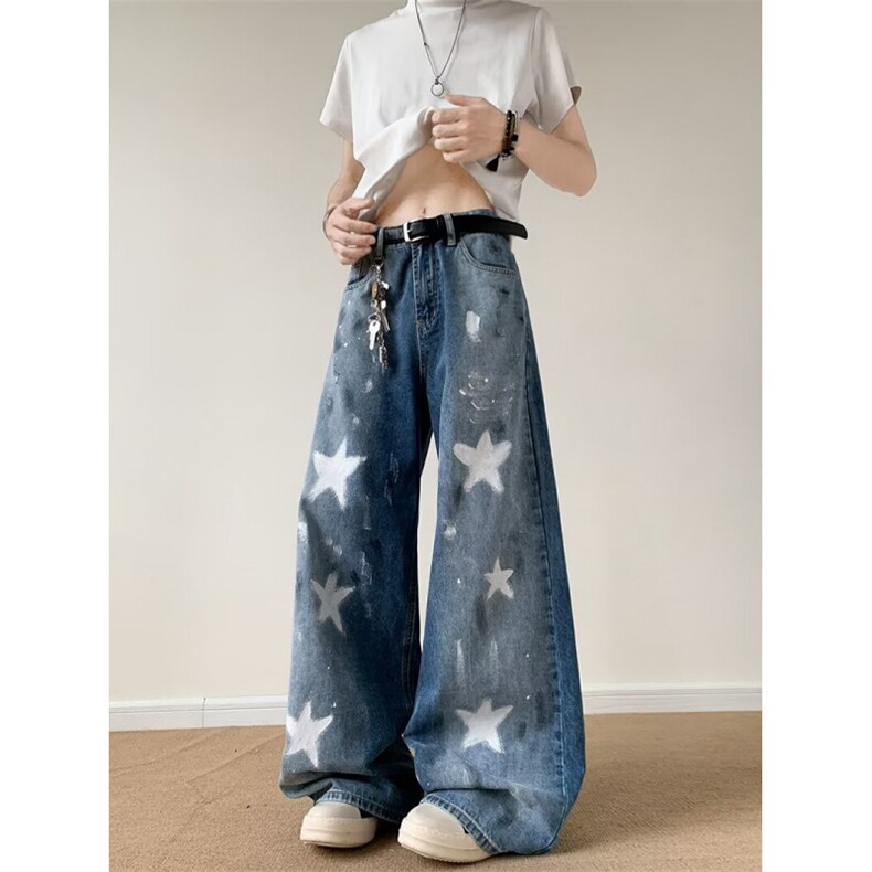 美式星星牛仔裤男2025新款宽松直筒裤潮牌阔腿裤子男款RK3028-P53，男装牛仔裤，星座412-2