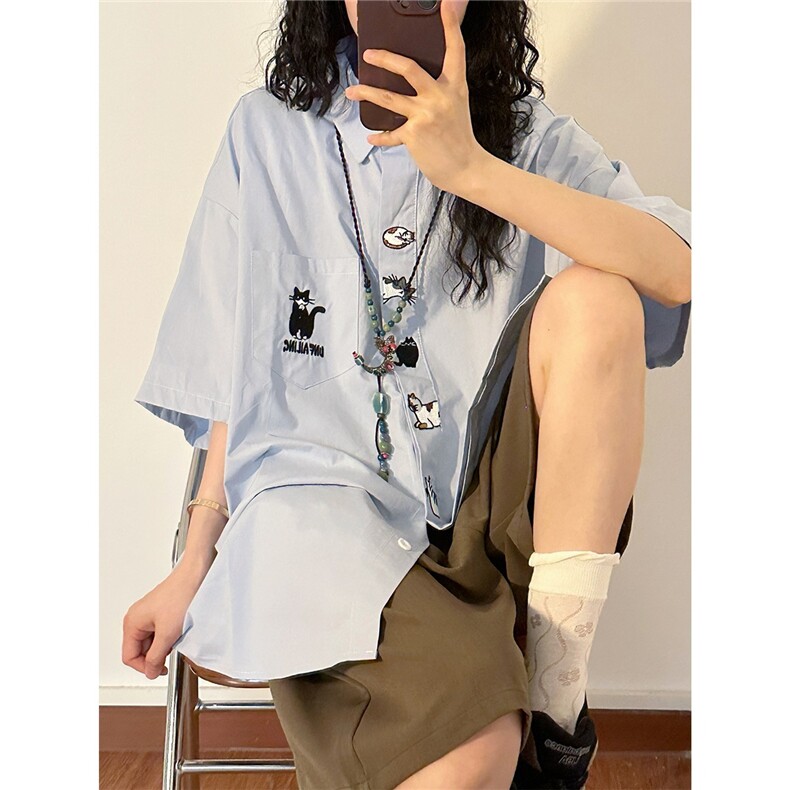 日系复古刺绣领衬衫男女夏季学院风宽松百搭衬衣,男装衬衫,星座506A