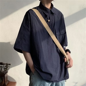 夏季日系复古工装短袖衬衫男女百搭纯色宽松半袖上衣潮S8060-p40图片
