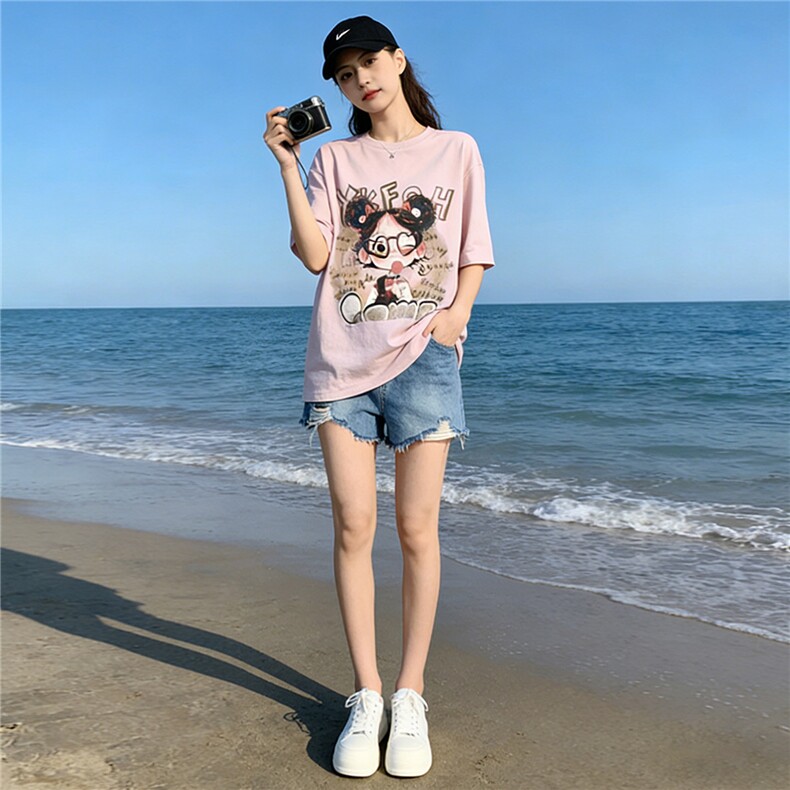 盐系穿搭休闲时尚套装女夏新款设计感圆领印花短袖牛仔短裤两件套,女装套装/套裙,江南