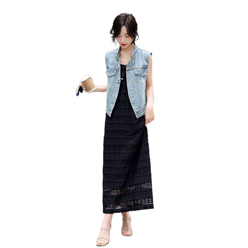 黑色吊带裙牛仔马甲套装女2024夏季新款减龄洋气时尚连衣裙两件套,女装套装/套裙,流量+
