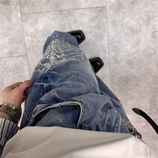 直筒牛仔裤男款夏季美式复古潮流个性解构宽松阔腿弯刀裤，男装牛仔裤，星座1210-1