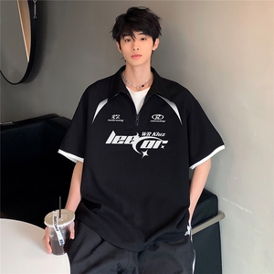 休闲时尚潮牌日系复古男女同款POLO衫假两件短袖T恤上衣T162-P48图片