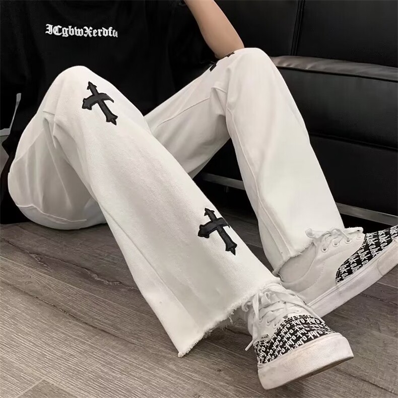 牛仔裤男ins潮牌高街百搭十字架直筒裤夏季宽松阔腿裤子N101/P40,男装牛仔裤,星座506