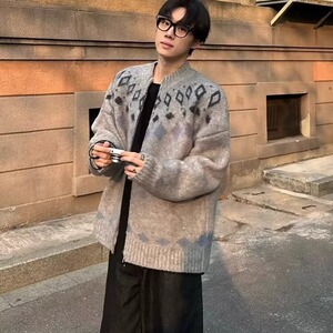 网 冬季新品针织衫男生灰色无领开衫毛衣保暖外套男B64-P55图片