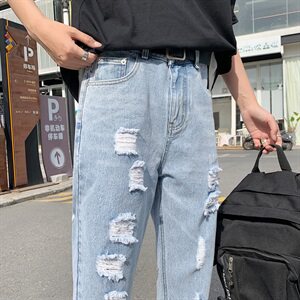 破洞牛仔裤男韩版九分裤bf港风宽松直筒乞丐裤图片