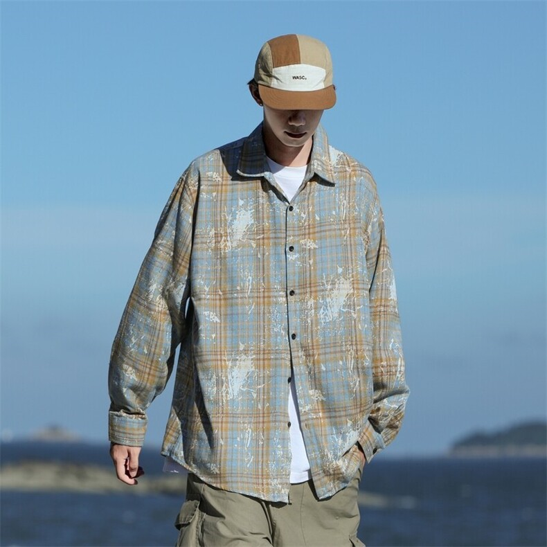 25年春季格子衬衫长袖大码宽松落肩现货DS-C323-1-2385-特批35,男装衬衫,电商C323-1