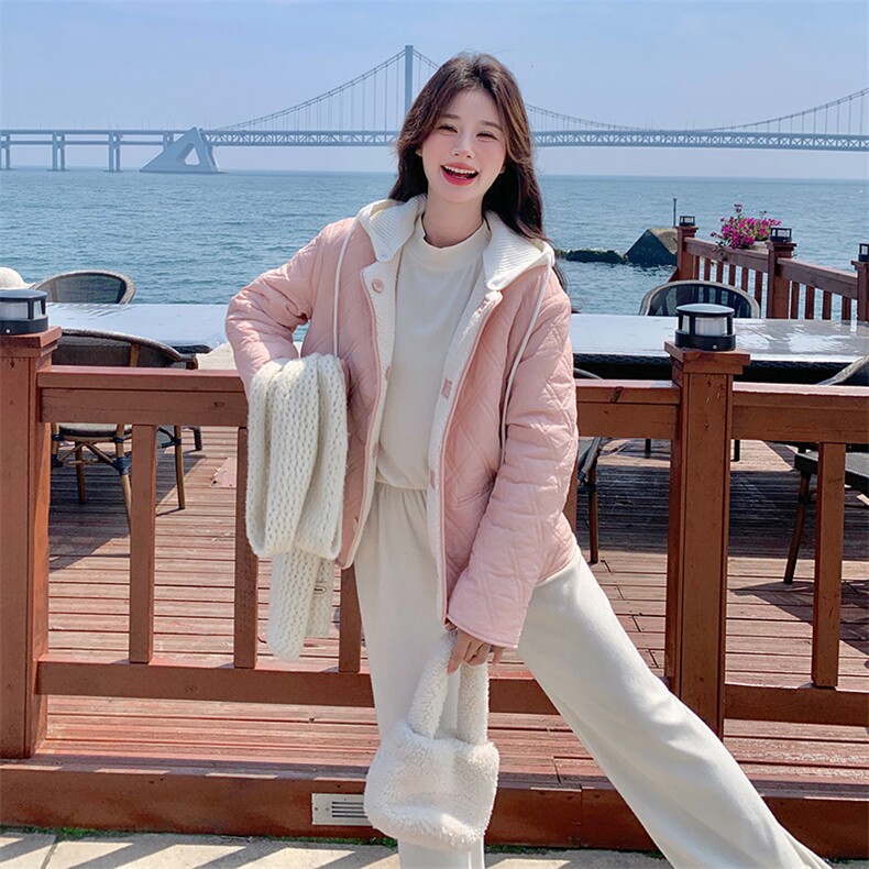 粉色两面穿羊羔毛外套女2024年冬季新款奶fufu小个子加厚连帽棉服,女装羊羔毛/颗粒绒,浪娴服饰