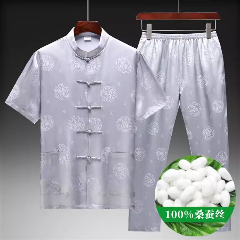 夏款高端唐装短袖长裤薄款绸缎两件套男休闲套装，男装T恤，钱塘6003B
