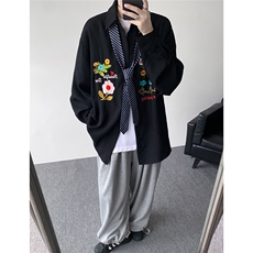 美式复古花卉刺绣华夫格衬衫男女秋季高级感长袖衬衣休闲情侣外套，男装衬衫，电商D232