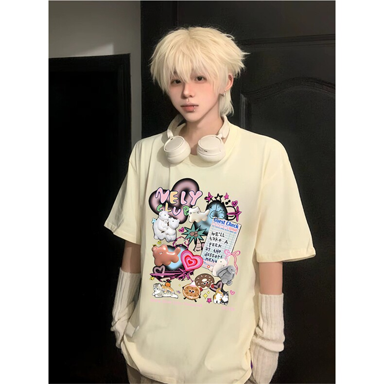 抖音得物供货210克现货宽松纯棉美式潮牌印花落肩袖纯棉T恤AT2143，男装T恤，电商A443