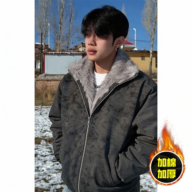现货高品质美式高街重磅座山雕毛毛领pu皮棉衣男女加厚棉服冬外套，男装皮衣，电商A486-1