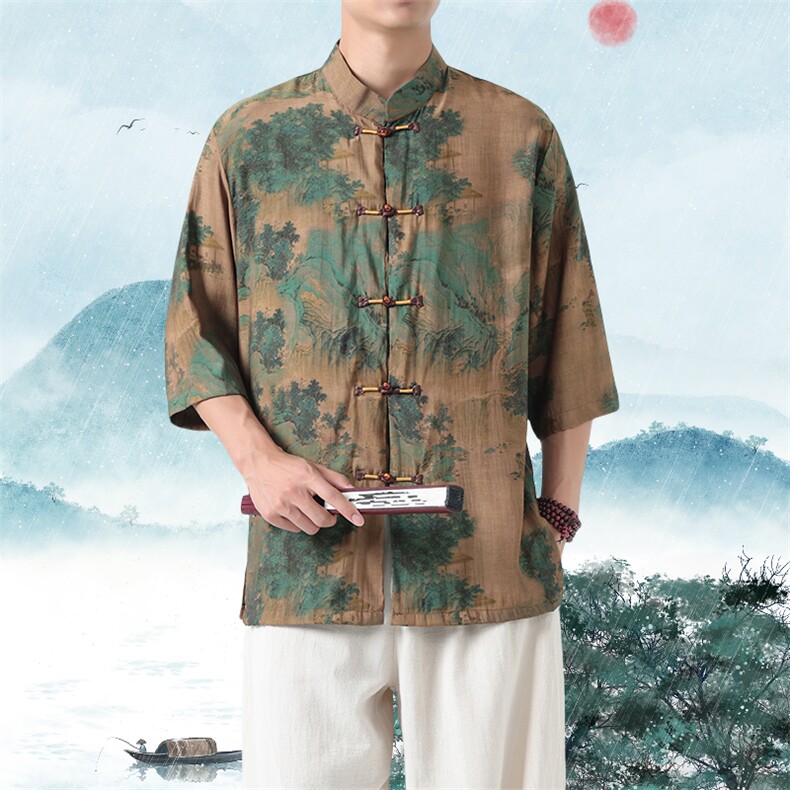 男士衬衫五分袖衬衣中袖印花立领唐装风XZ1512-2605-P45,男装T恤,星座1512