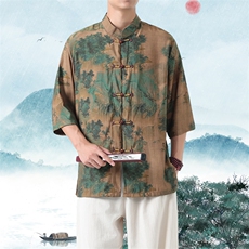 男士衬衫五分袖衬衣中袖印花立领唐装风XZ1512-2605-P45，男装T恤，星座1512