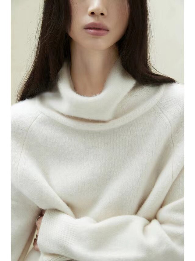 高级感气质灰色堆堆领毛衣女冬季复古高领套头宽松针织上衣,针织衫/毛衣,半城羊绒